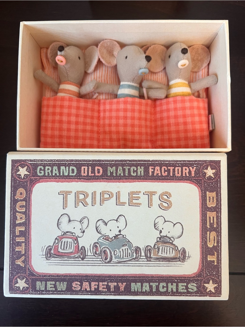 Maileg Triplets with Pacifiers, retired, new in box